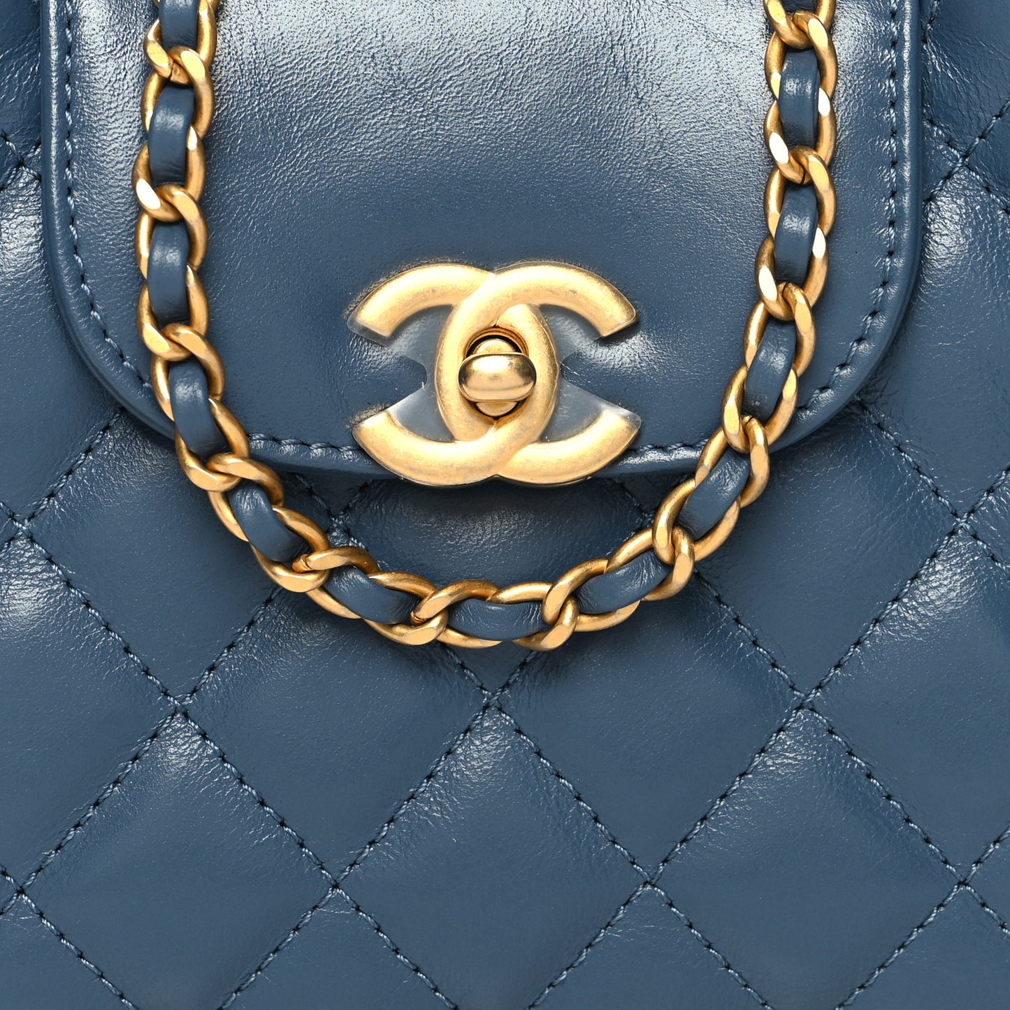 Shiny Aged Calfskin Quilted Nano Kelly Shopper Dark Blue