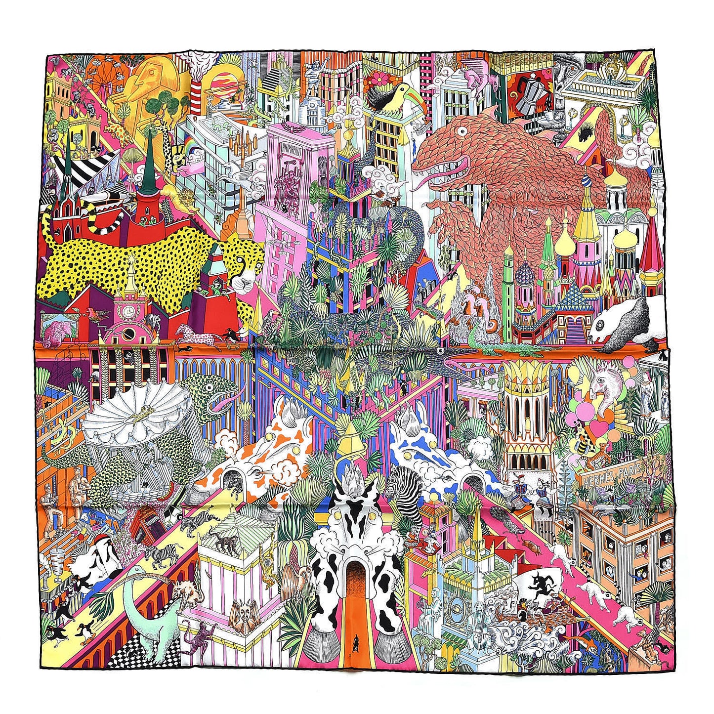 Silk Animapolis Scarf 90 Jaune Vif Vert Rose