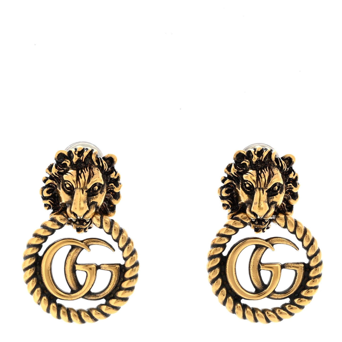 Metal Double G Lion Head Clip On Earrings Aged Gold