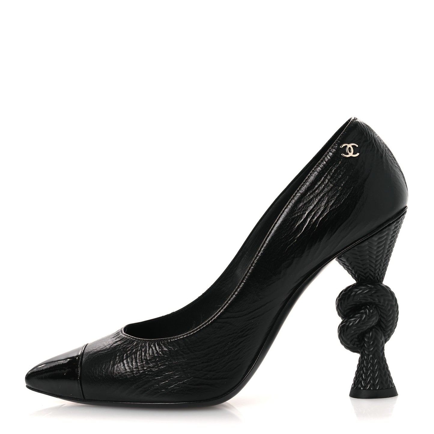 Crumpled Calfskin Knotted Heel Cap Toe Pumps 39.5 Black