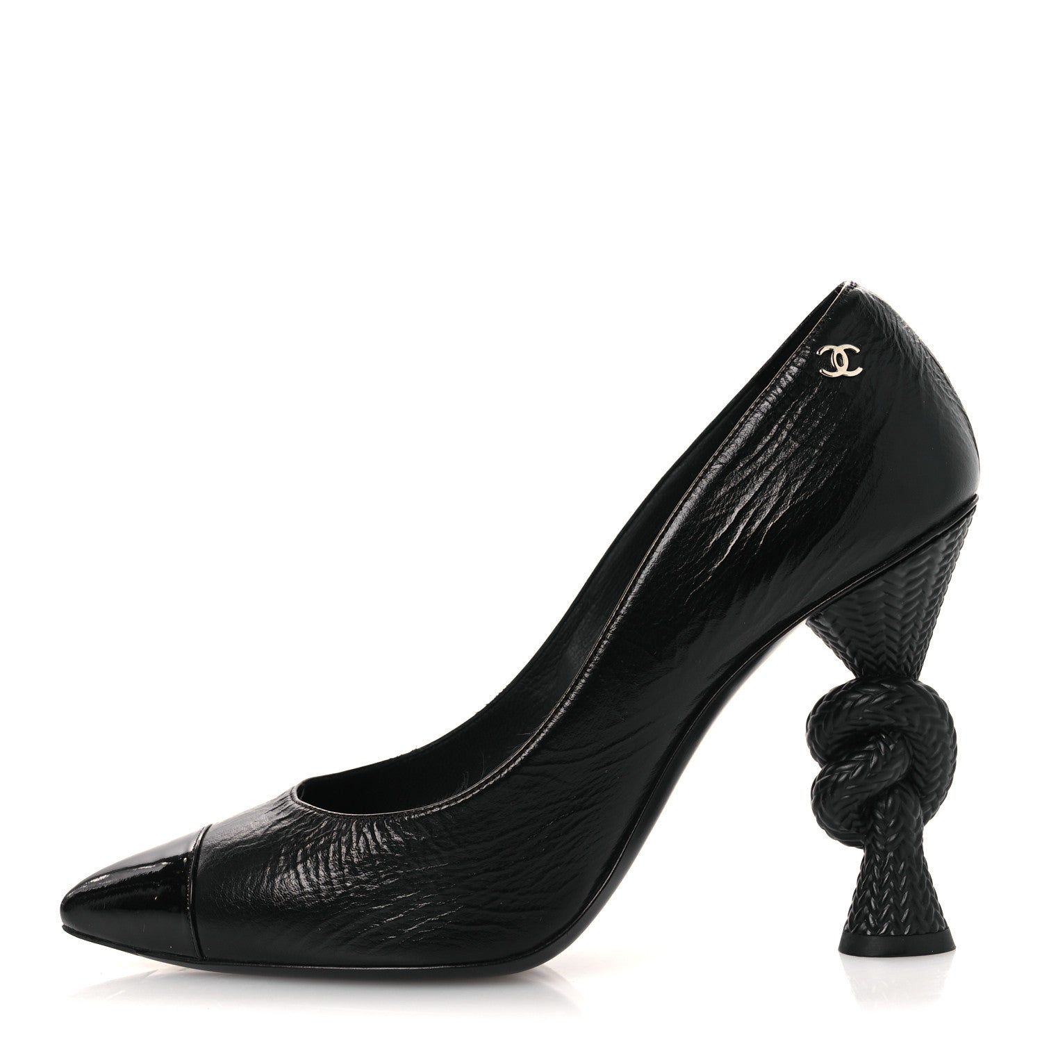 Chanel Crumpled Calfskin Knotted Heel Cap Toe Pumps 39.5 Black 1 of 14