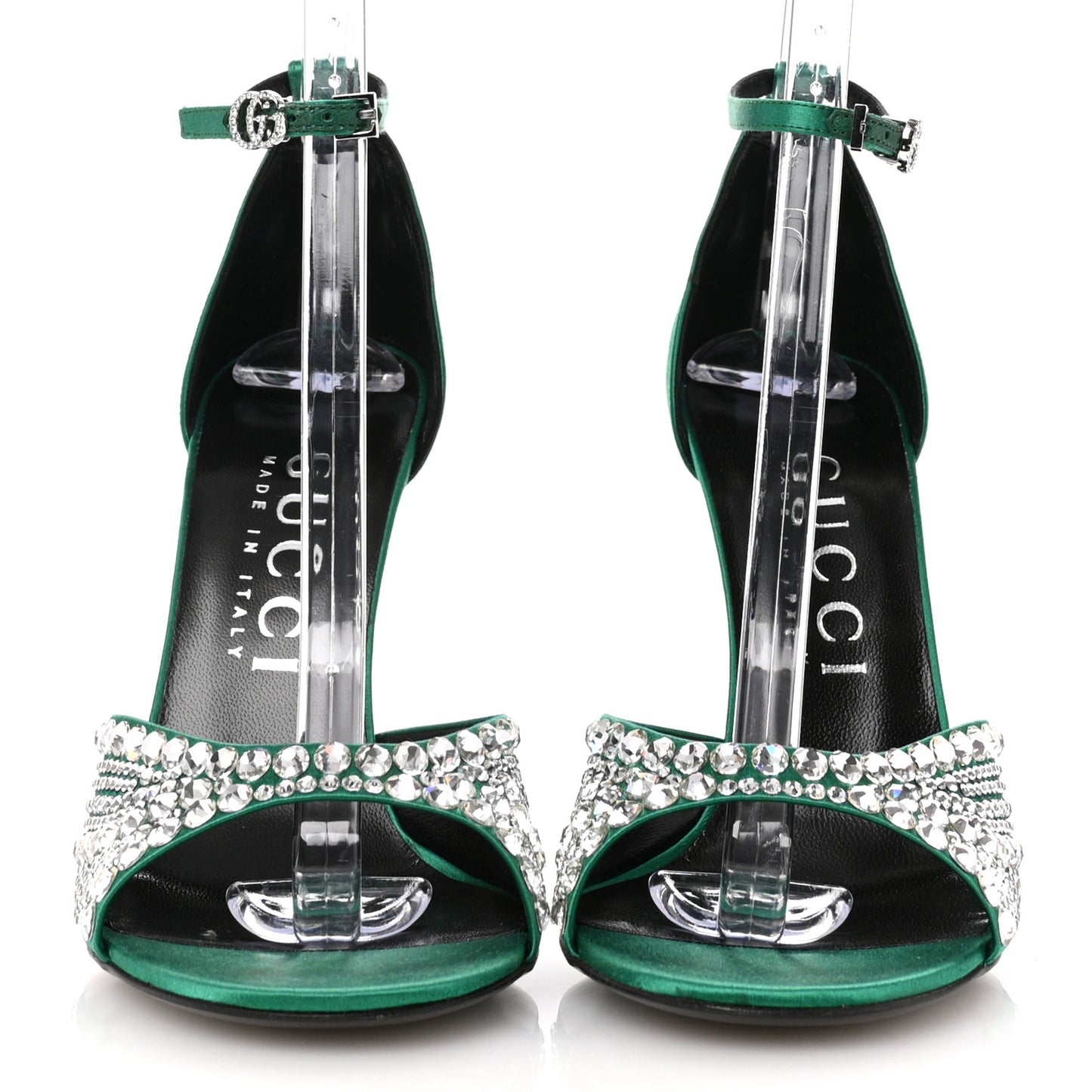 Satin Crystal Ankle Strap Sandal Pumps 39.5 Emerald