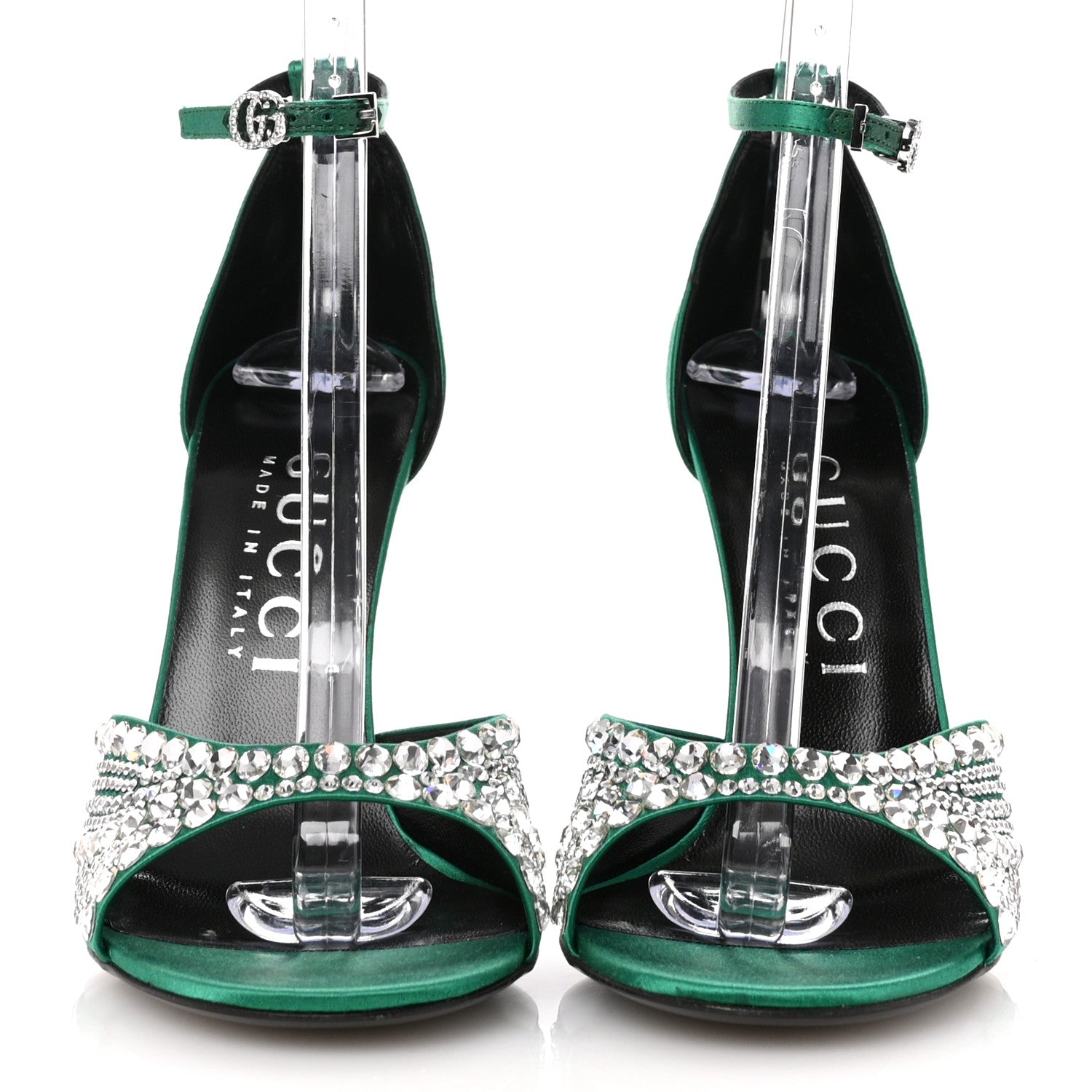 Gucci Satin Crystal Ankle Strap Sandal Pumps 39.5 Emerald 3 of 9