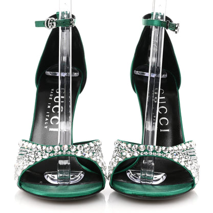 Gucci Satin Crystal Ankle Strap Sandal Pumps 39.5 Emerald 3 of 9