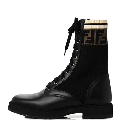 Fendi Calfskin Stretch Fabric Rockoko Biker Boots 37.5 Tobacco Black Marino 1 of 9