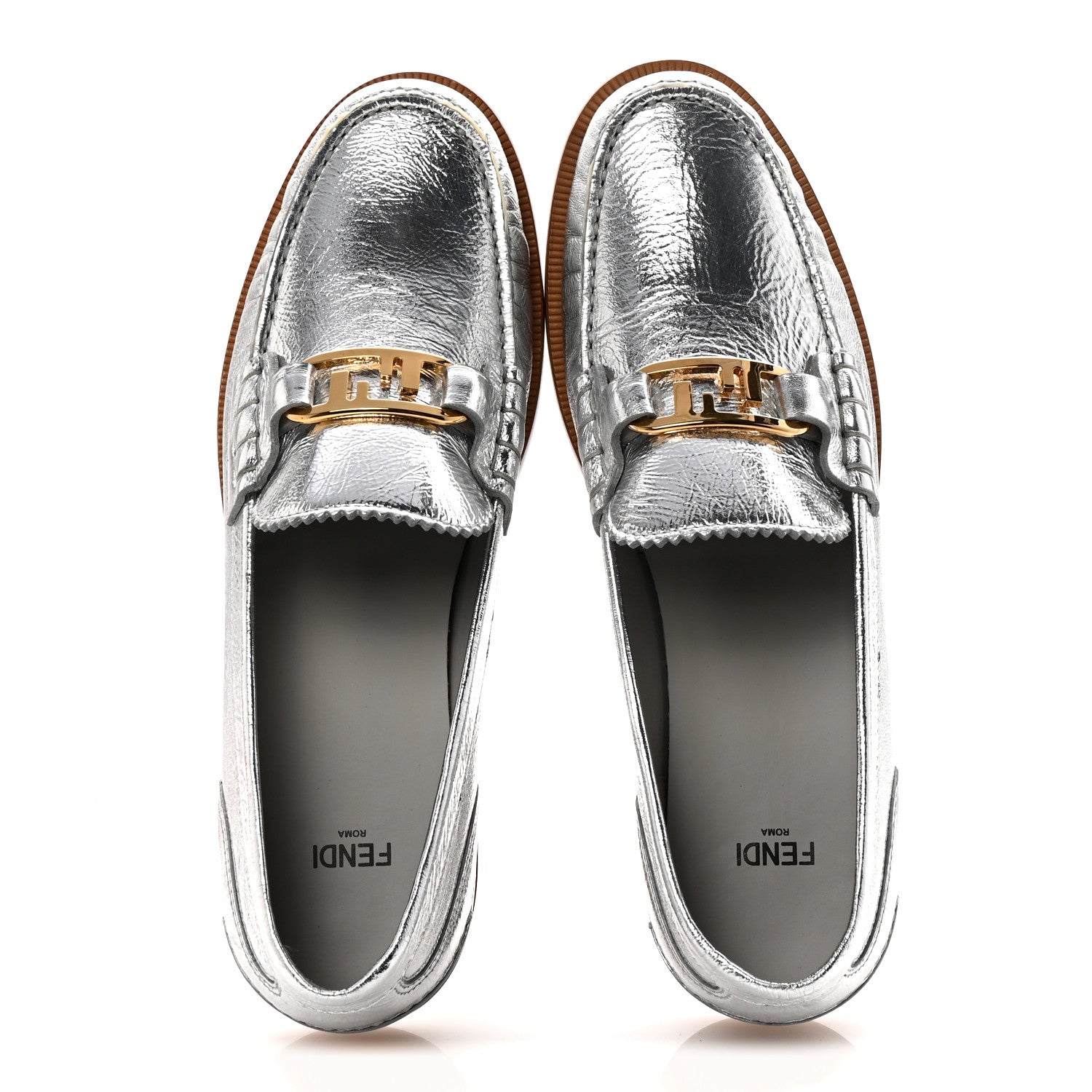 Fendi Metallic Vitello Womens O'Lock Loafers 39 Argento 2 of 8