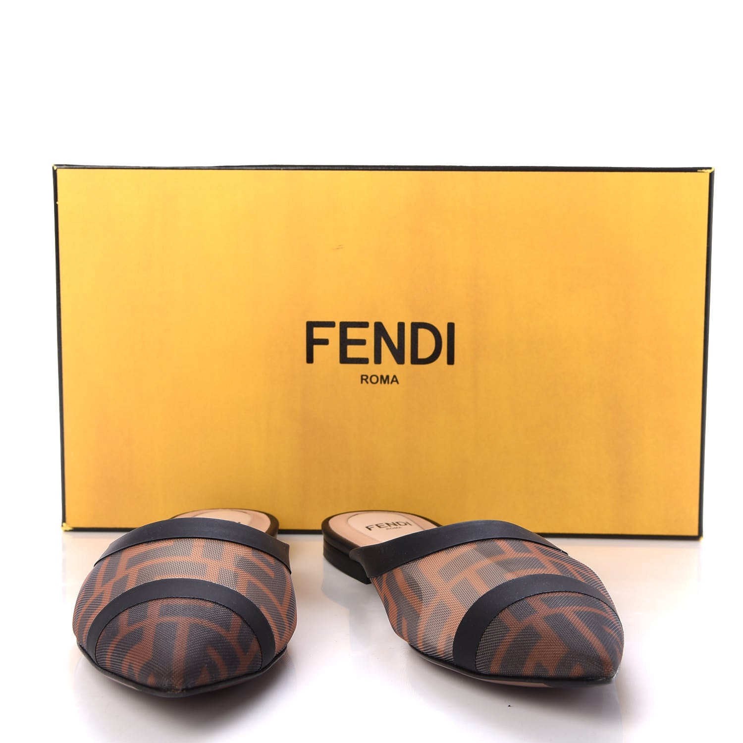 Fendi Technical Mesh Vitello FF Colibri Flat Mules 37.5 Tobacco Moro Black 9 of 9