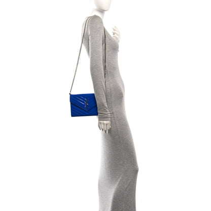 Saint Laurent Patent Grain De Poudre Matelasse Chevron Monogram Chain Wallet Blue Majorelle 2 of 11
