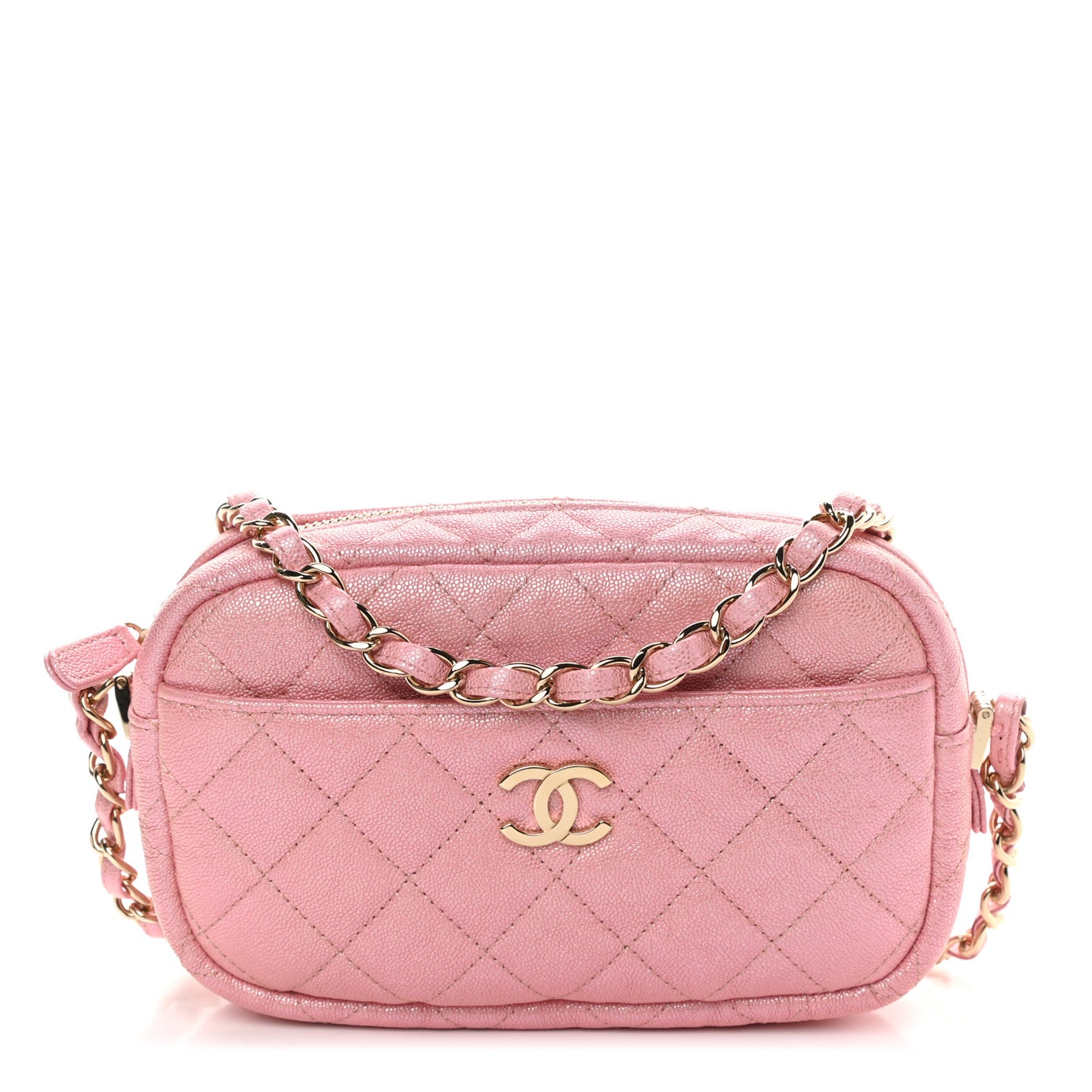 Iridescent Caviar Quilted Small Timeless Camera Case Pink