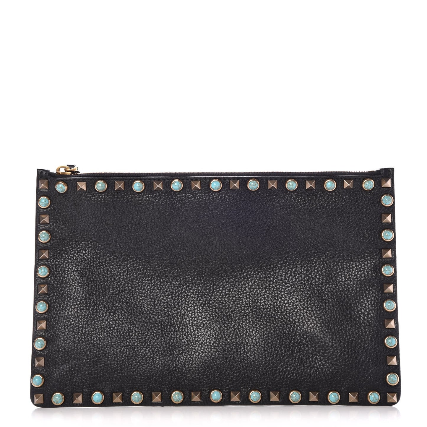 Pebbled Calfskin Turquoise Large Rockstud Rolling Zip Pouch Black