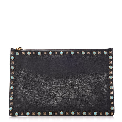 Valentino Garavani Pebbled Calfskin Turquoise Large Rockstud Rolling Zip Pouch Black 1 of 7