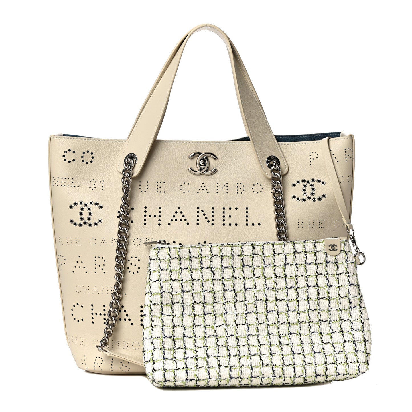 Calfskin Tweed Small Logo Eyelets Shopping Tote Beige