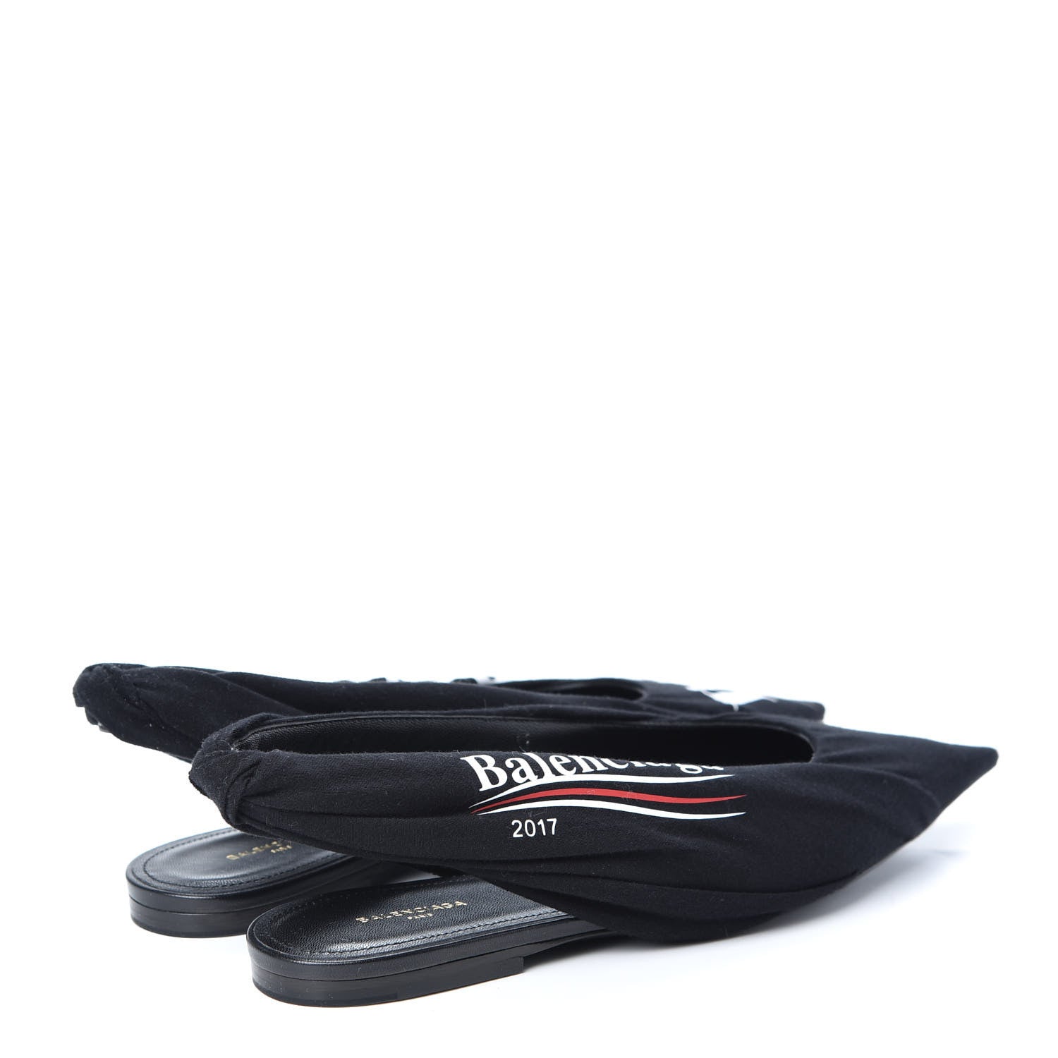 Balenciaga Jersey Crepe Political Campaign Logo Knife Pointed Slingback Flats 38 Black White Rouge 4 of 10