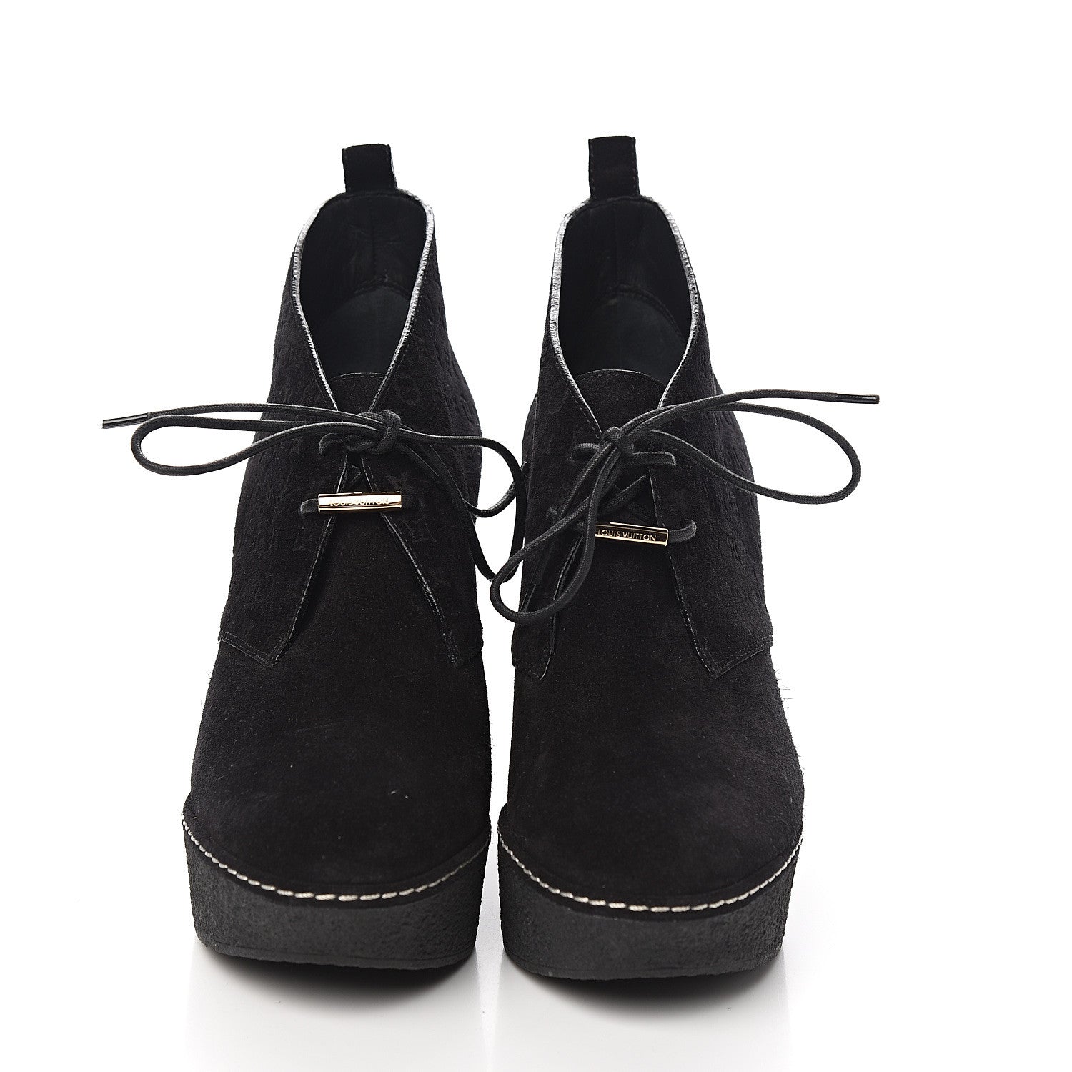 Louis Vuitton Suede Embossed Monogram Frosty Wedge Low Boots 38 Black 2 of 9