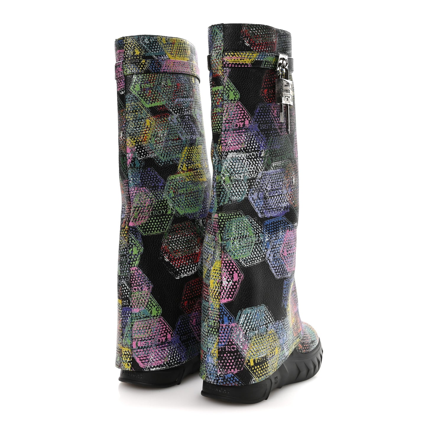 Grained Calfskin Printed Shark Lock Biker Knee Boots 41 Black Multicolor