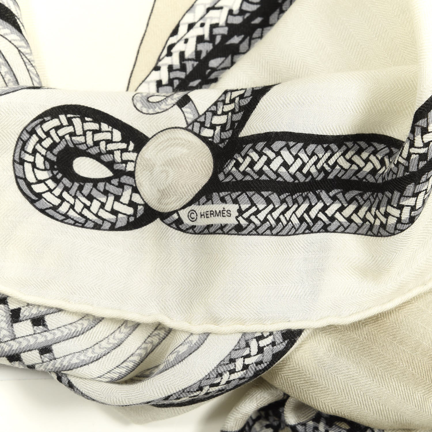 Hermes Cashmere Silk Brandebourgs Shawl 140 White Black Mastic 3 of 4