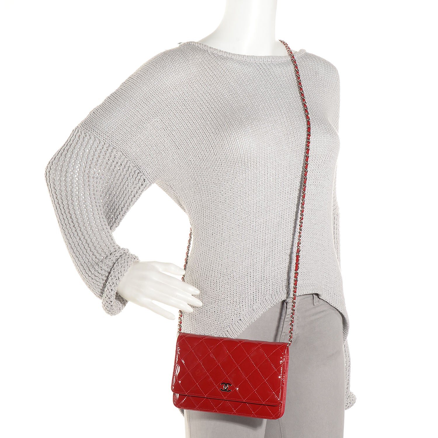 Chanel Patent Quilted Wallet On Chain WOC Red 2 of 8