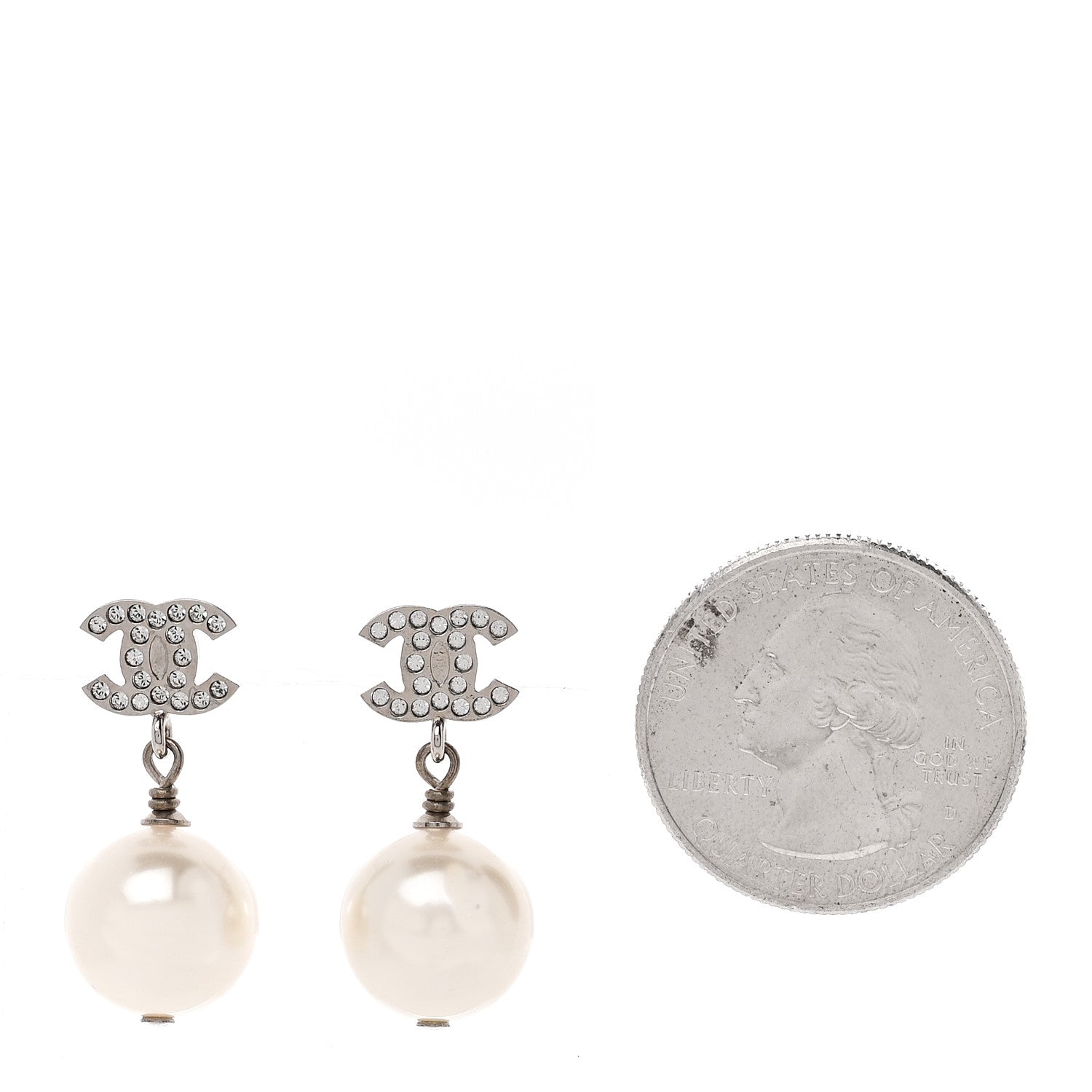 Chanel Crystal Pearl CC Drop Earrings Silver Pearly White 2 of 5