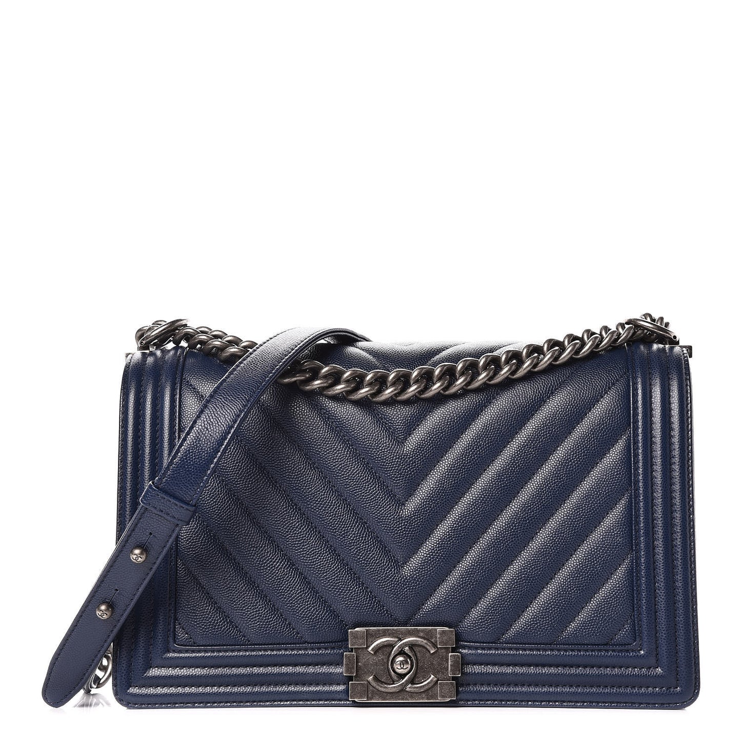 Caviar Chevron Quilted New Medium Boy Flap Dark Navy Blue