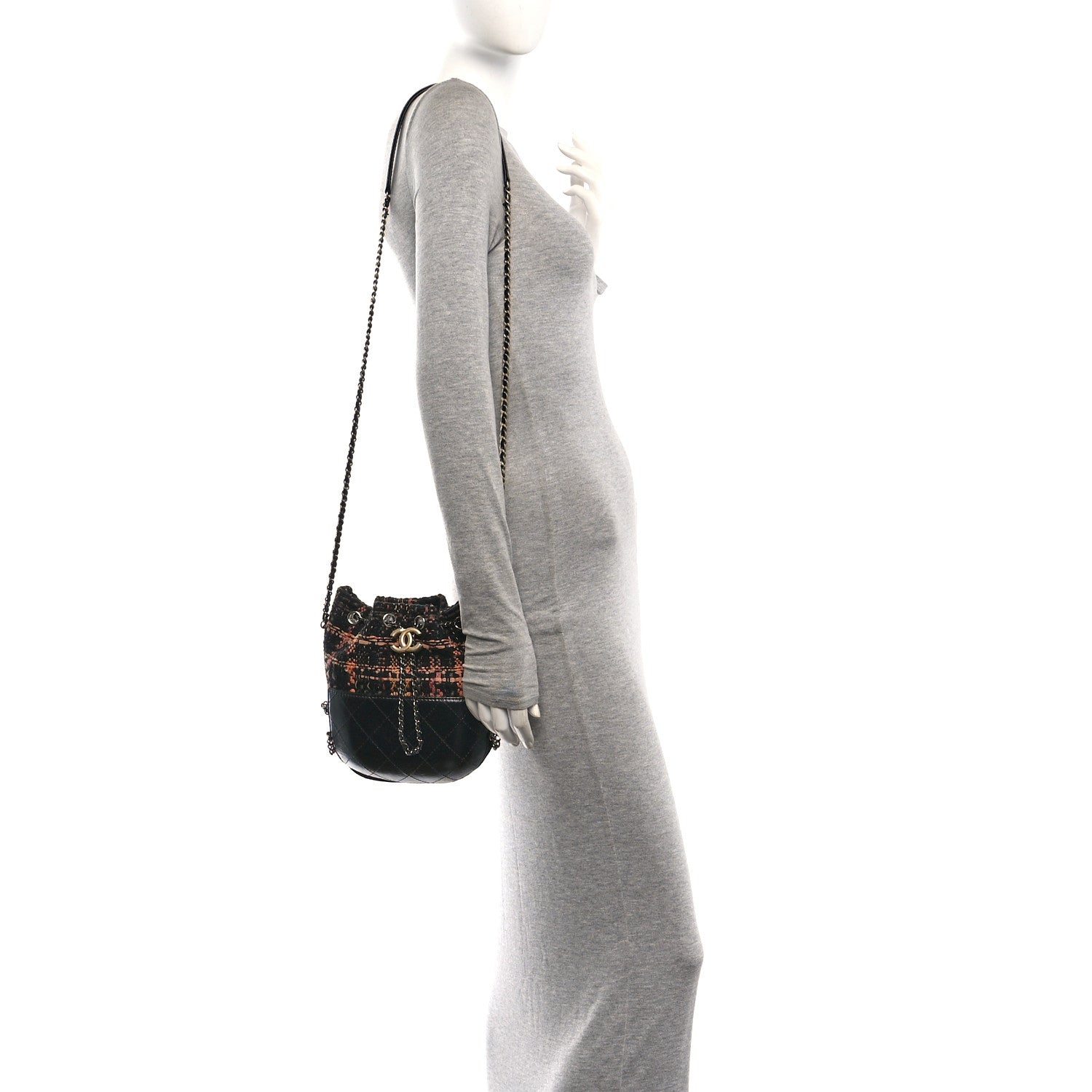 Chanel Tweed Calfskin Quilted Small Gabrielle Bucket Black Brown Orange 2 of 10