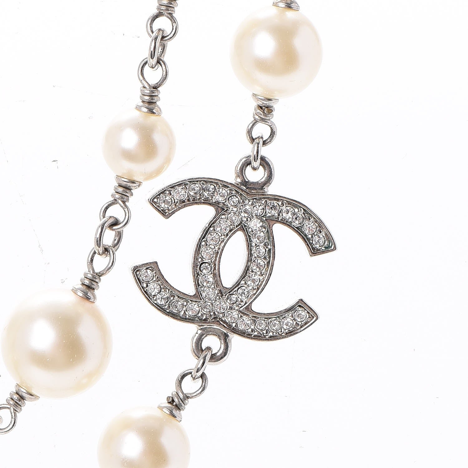 Chanel Crystal Pearl CC Long Necklace Silver 4 of 6