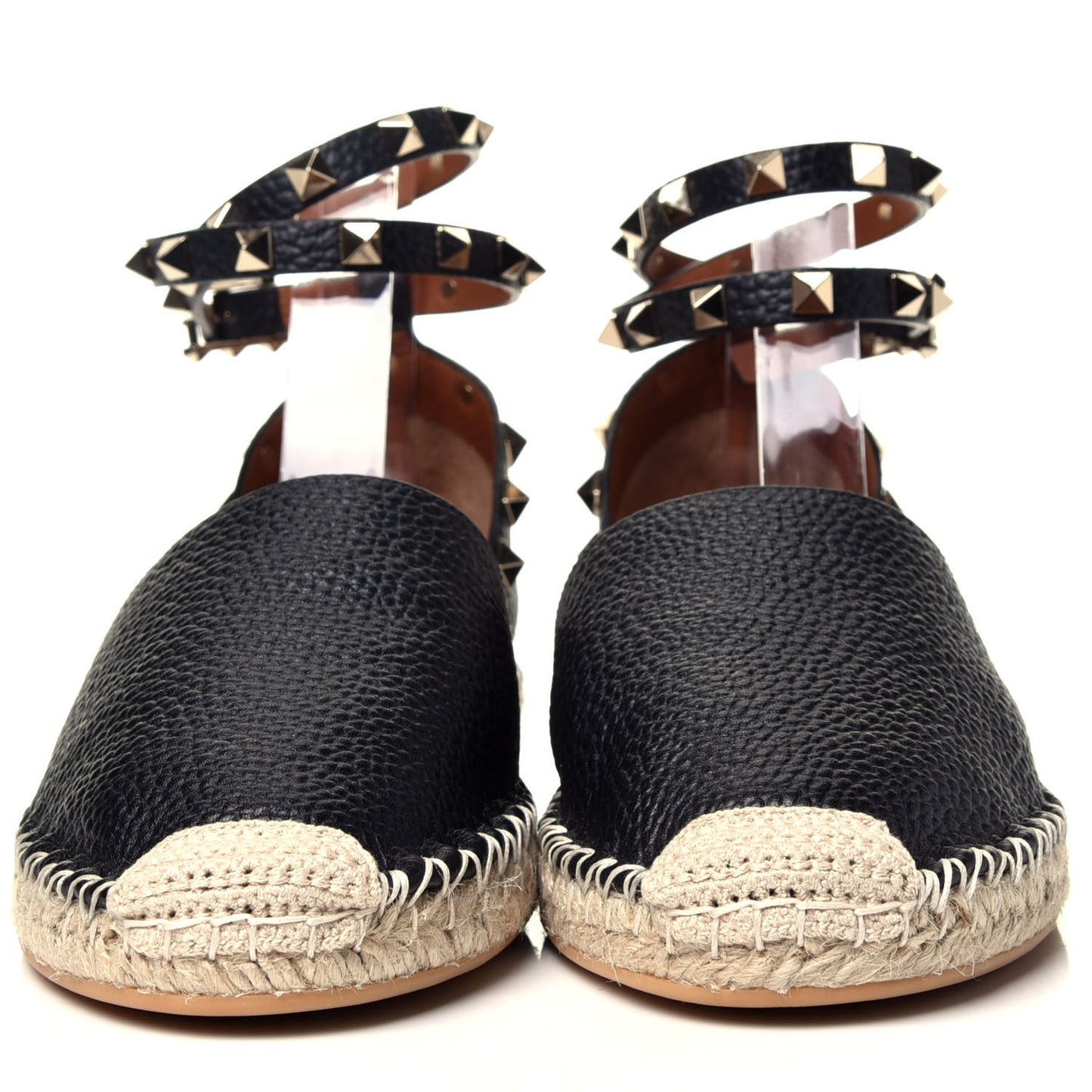 Grained Calfskin Rockstud Ankle Wrap Espadrille 20mm Flats 40 Black Light Cuir Natural