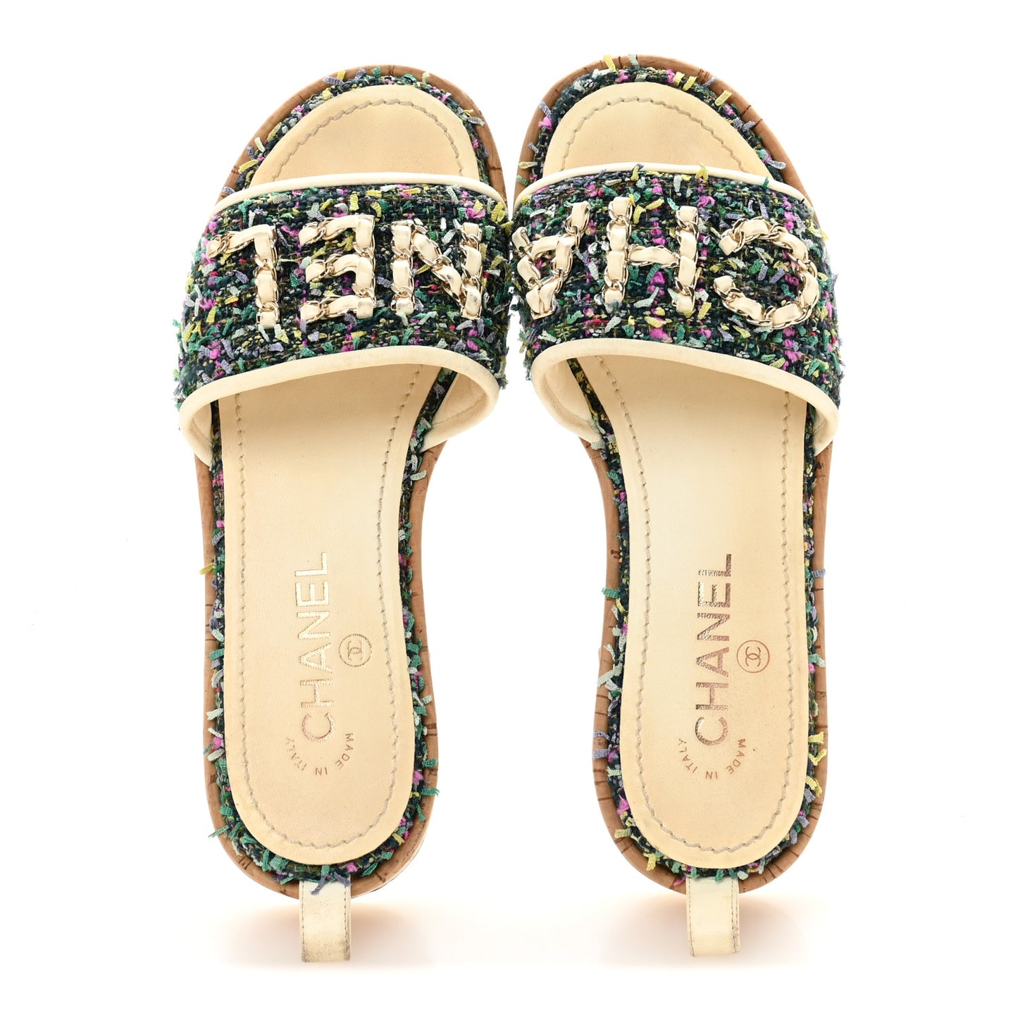 Tweed Cork CC Chain Mule Sandal 36.5 Green Multicolor