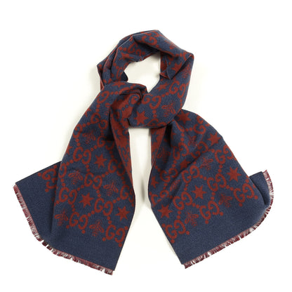 Gucci Wool Silk GG Monogram Fly Constellation Scarf Sapphire Red 1 of 4