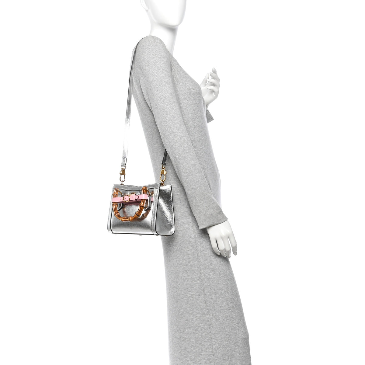 Textured Calfskin Mini Diana Tote Bag Silver Sugar Pink