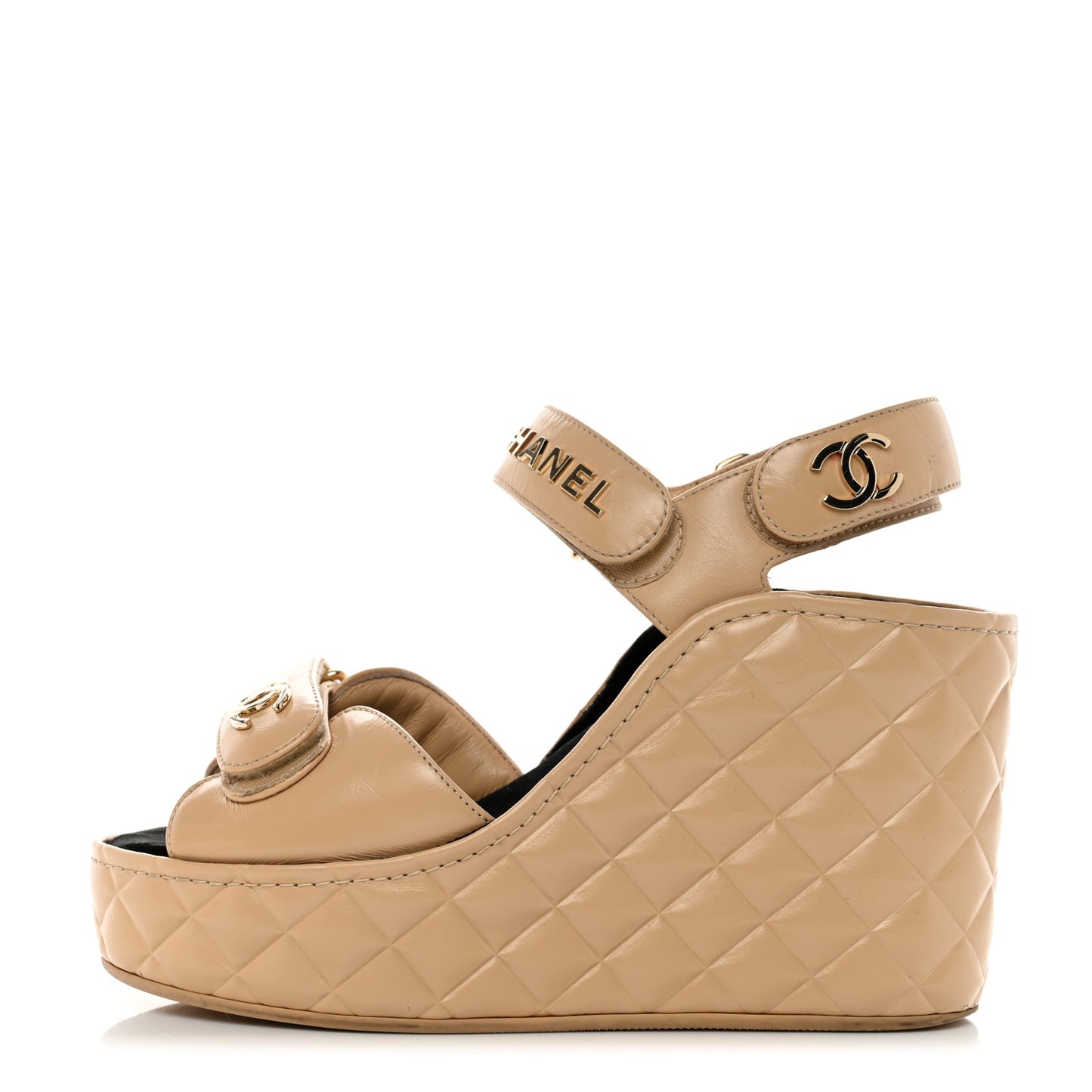 Shiny Calfskin Quilted Wedge Sandals 37 Beige
