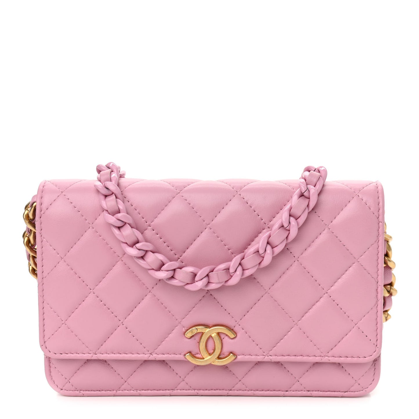Lambskin Resin Quilted Wallet On Chain WOC Dark Pink