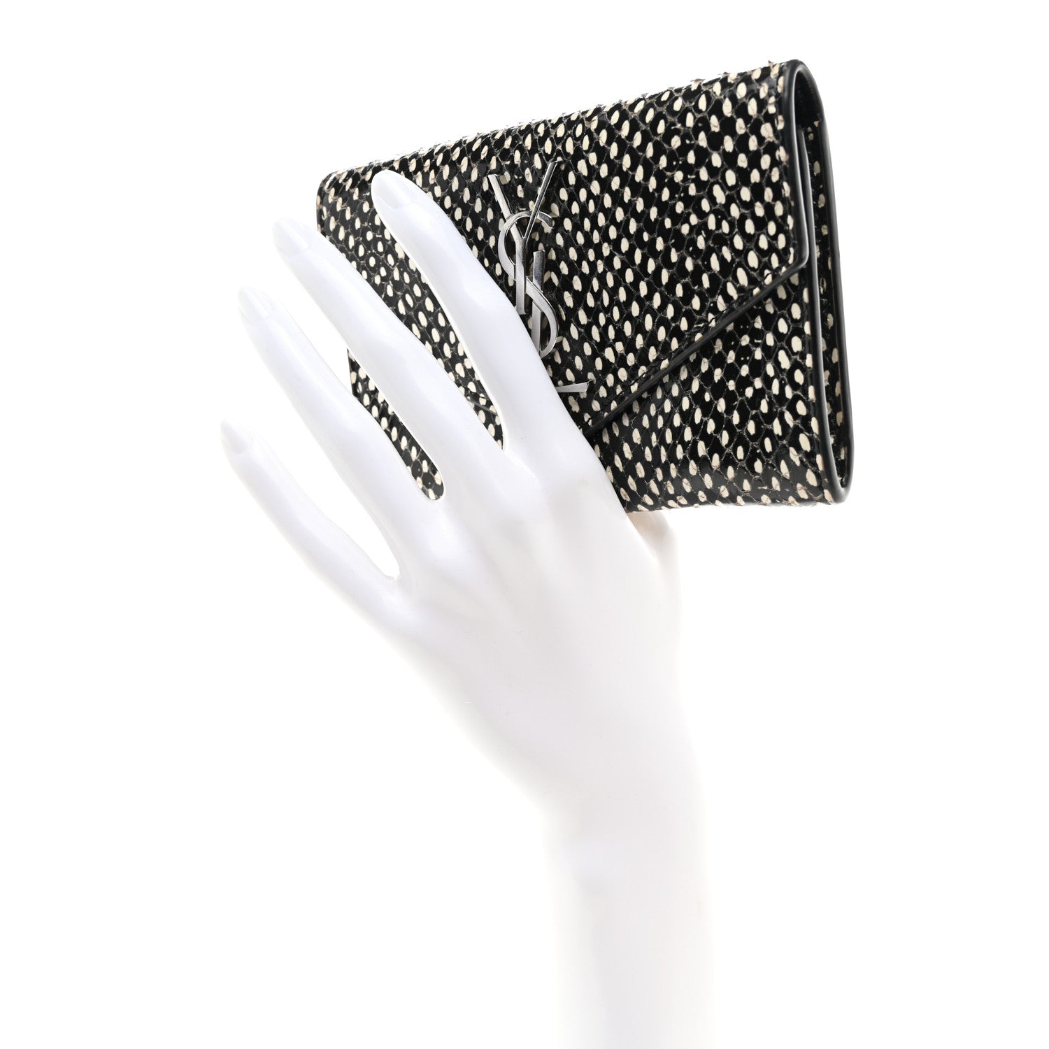 Saint Laurent Calfskin Lambskin Snakeskin Embossed Small Monogram Envelope Wallet Black White 2 of 9