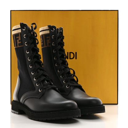 Fendi Calfskin Stretch Fabric Rockoko Biker Boots 38.5 Tobacco Black Marino 8 of 8