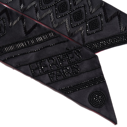 Hermes Silk Beaded Precieux Art Deco Ribbon Twilly Black 3 of 5