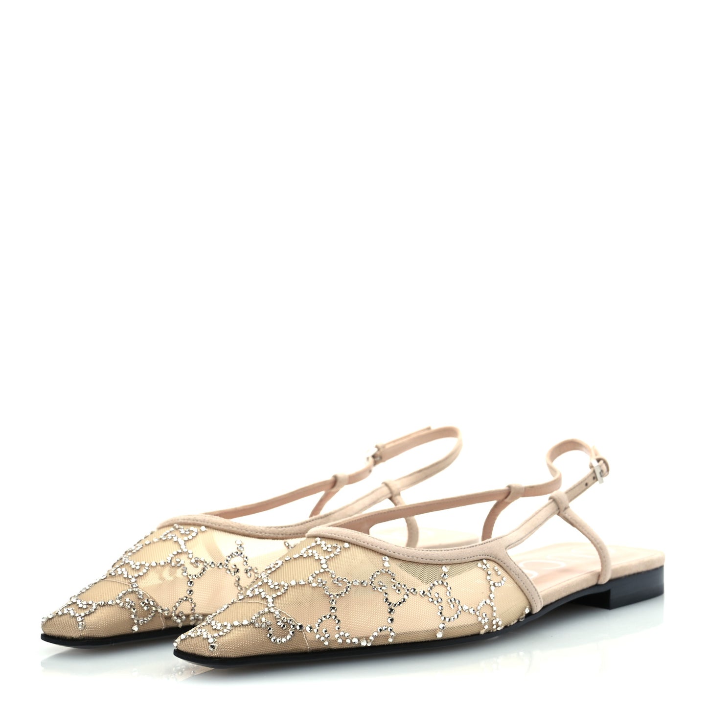 Suede Mesh Crystal GG Monogram Slingback Ballet Flats 39 Light Powder Skin Rose