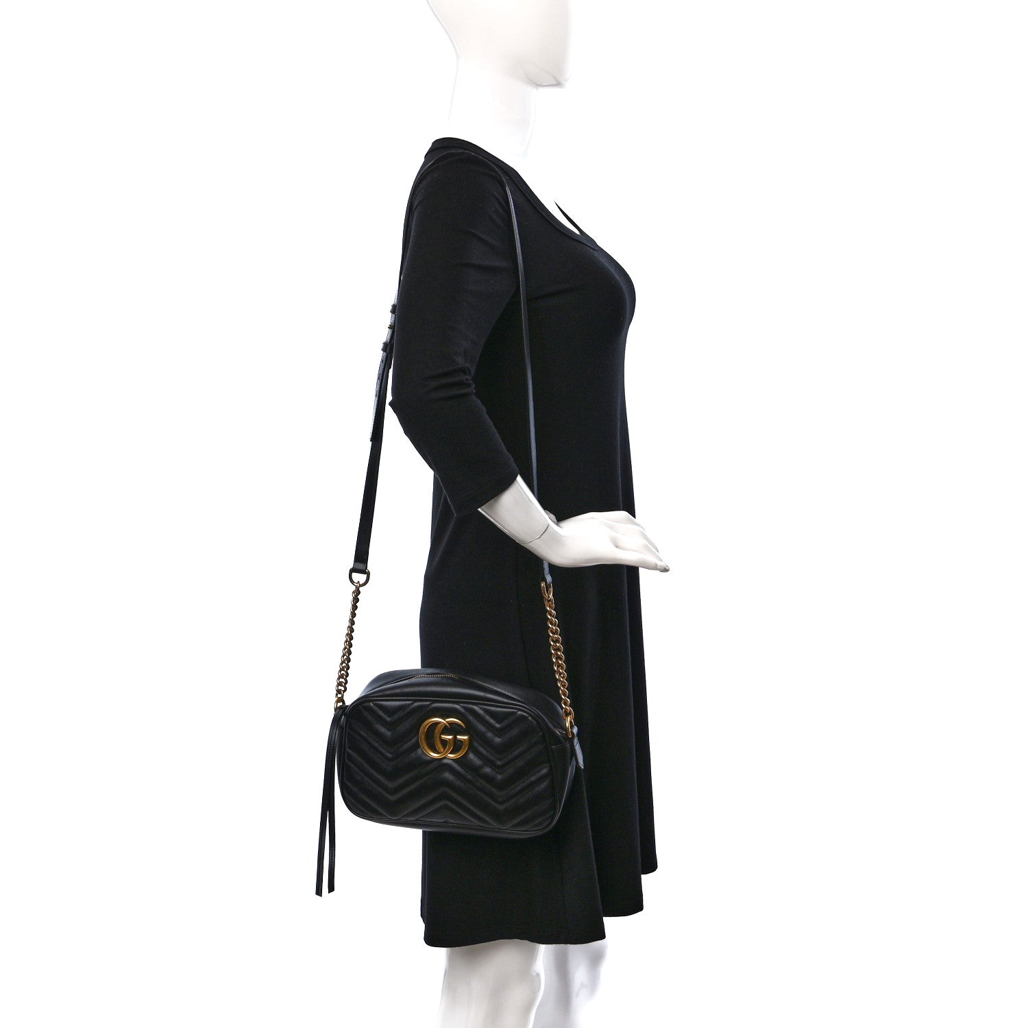Gucci Calfskin Matelasse Small GG Marmont Chain Shoulder Bag Black 2 of 10