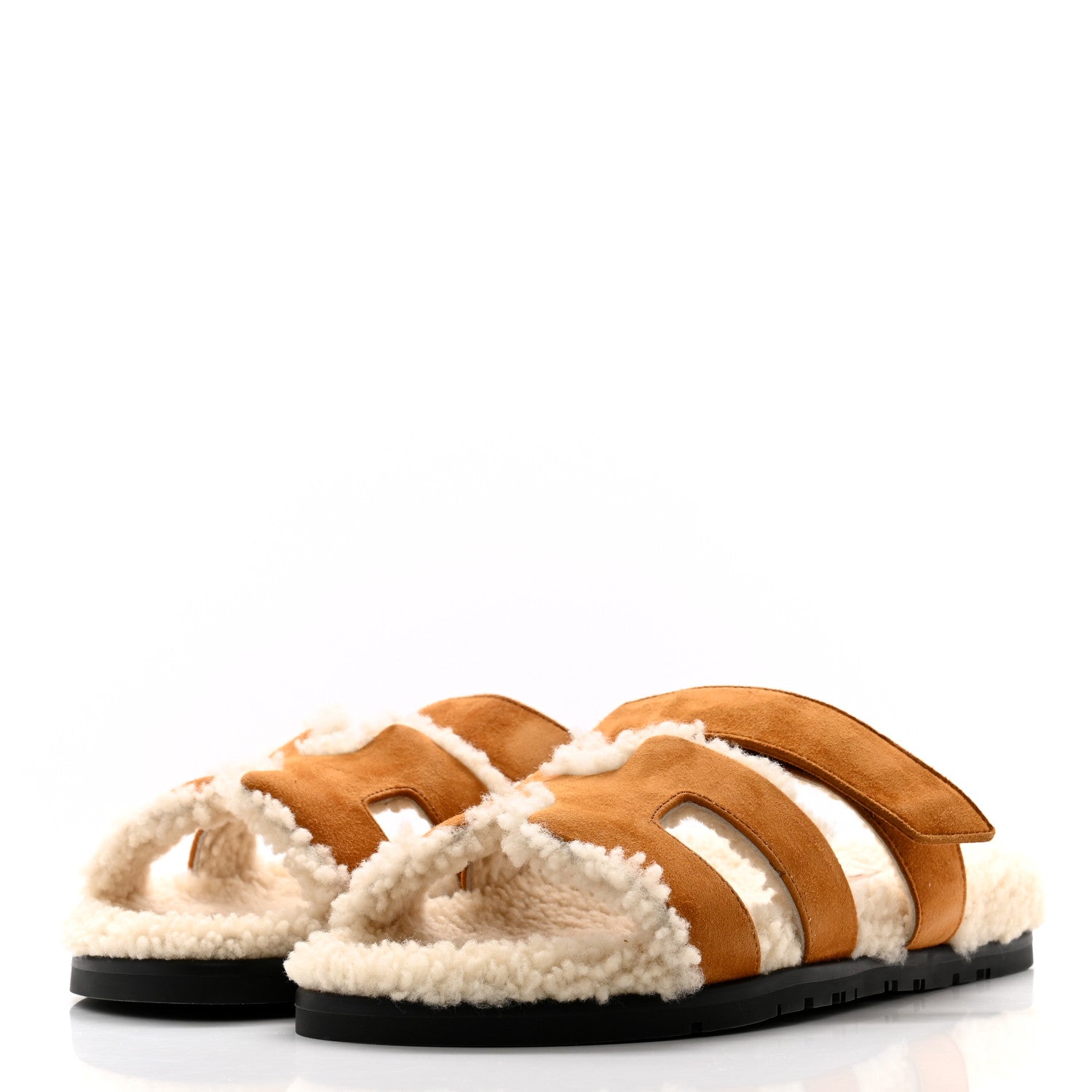 Hermes Suede Goatskin Woolskin Womens Chypre Sandals 39.5 Brun Fume Ecru 3 of 9