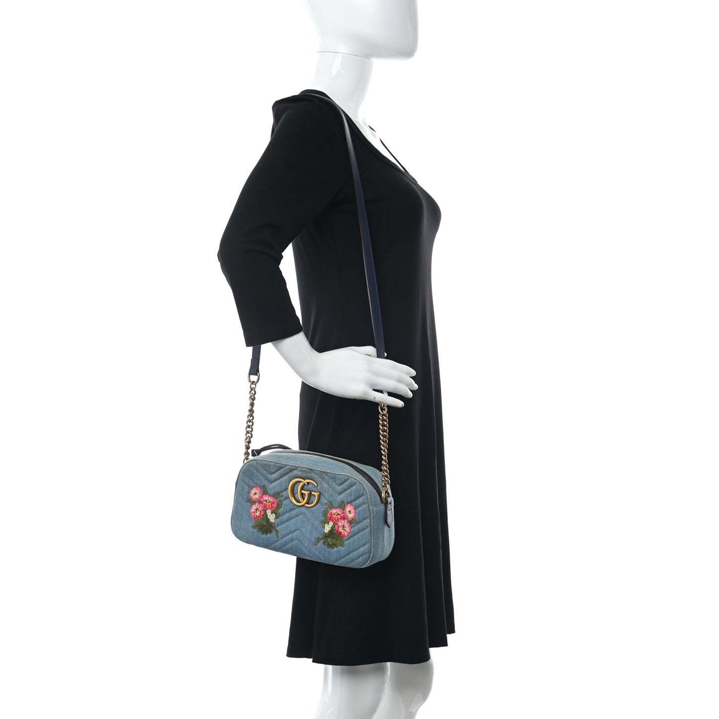 Denim Matelasse Embroidered Small GG Marmont Chain Shoulder Bag Blue