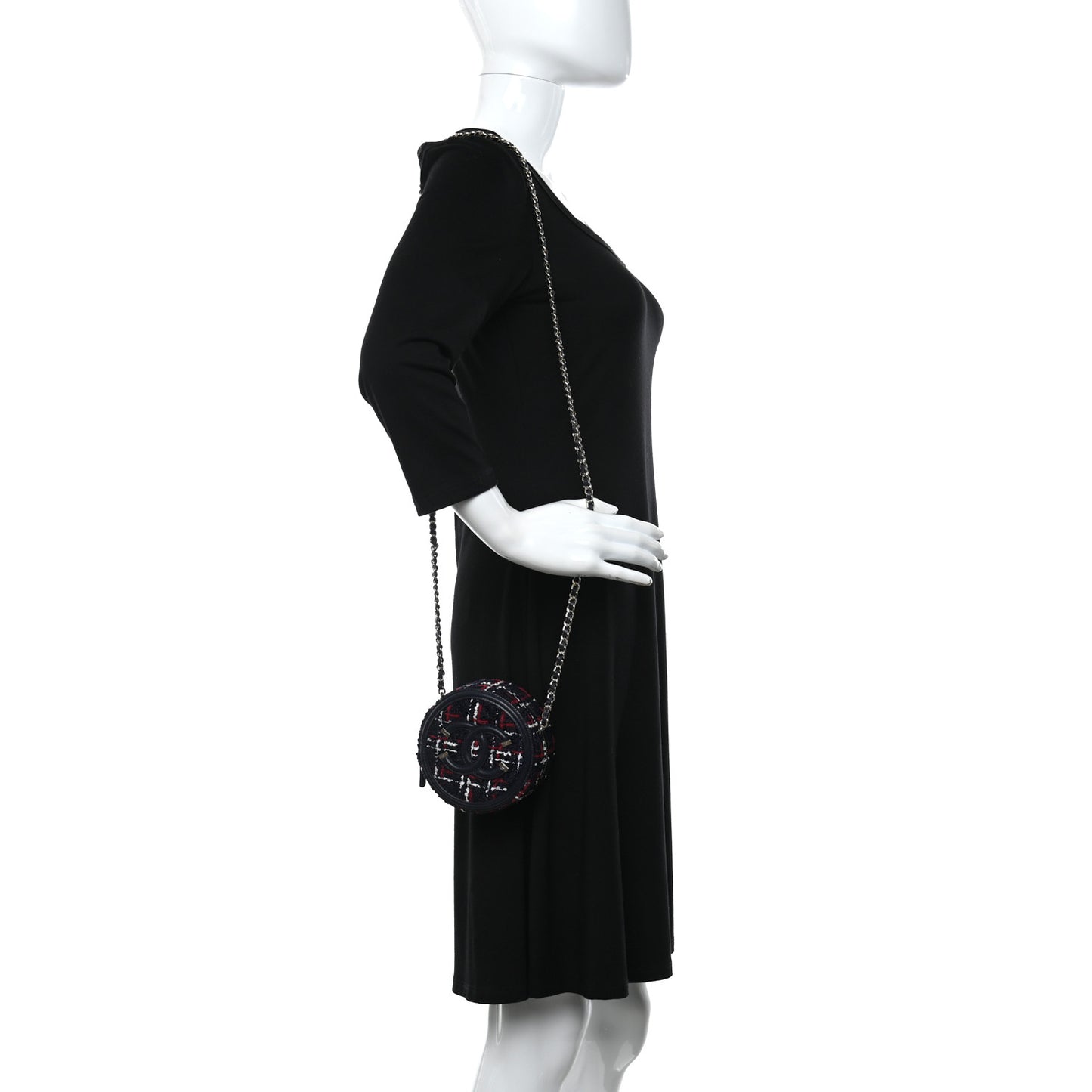 Tweed Quilted Round Filigree Clutch With Chain Navy Blue