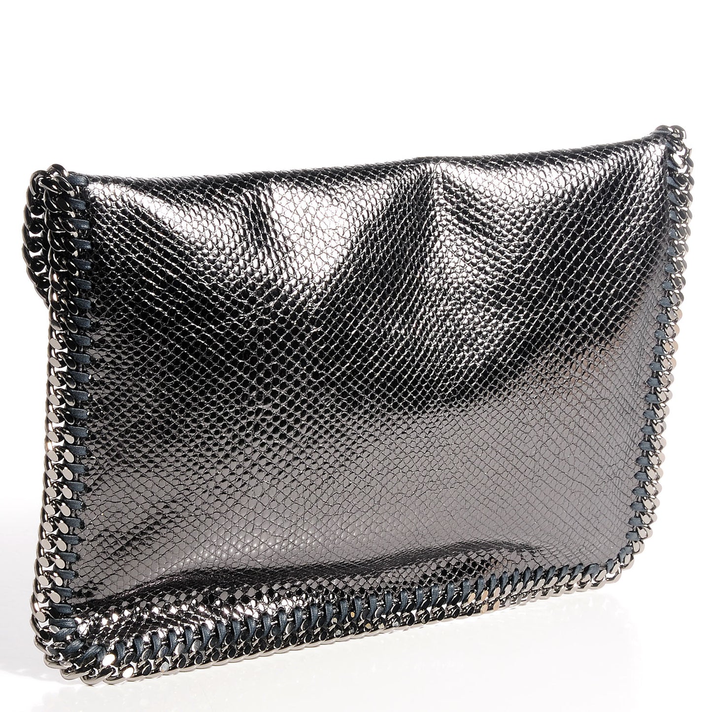 Shiny Faux Leather Chain Fold Over Oversized Clutch Pewter