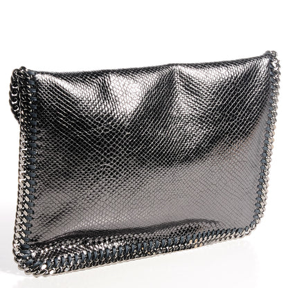Stella McCartney Shiny Faux Leather Chain Fold Over Oversized Clutch Pewter 3 of 8
