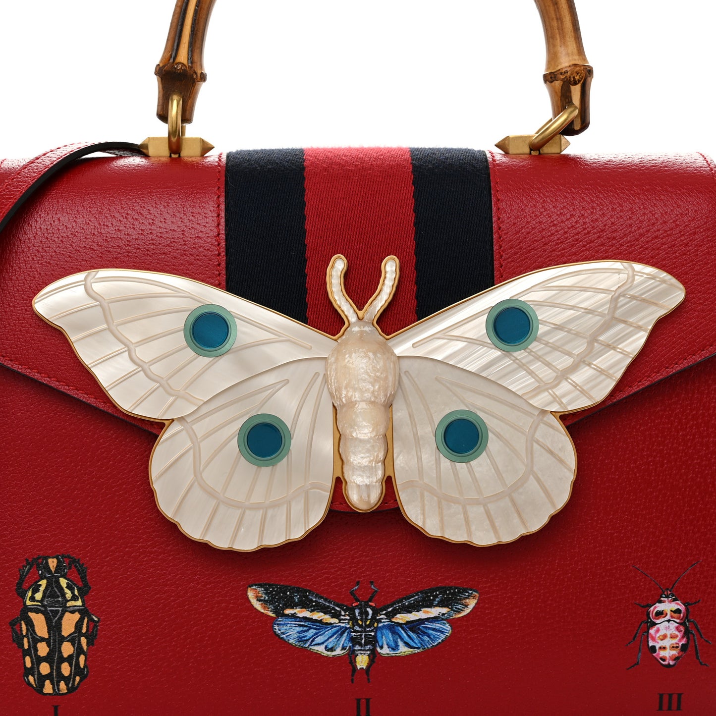 Calfskin Bamboo Web Medium Falena Moth Top Handle Bag Hibiscus Red