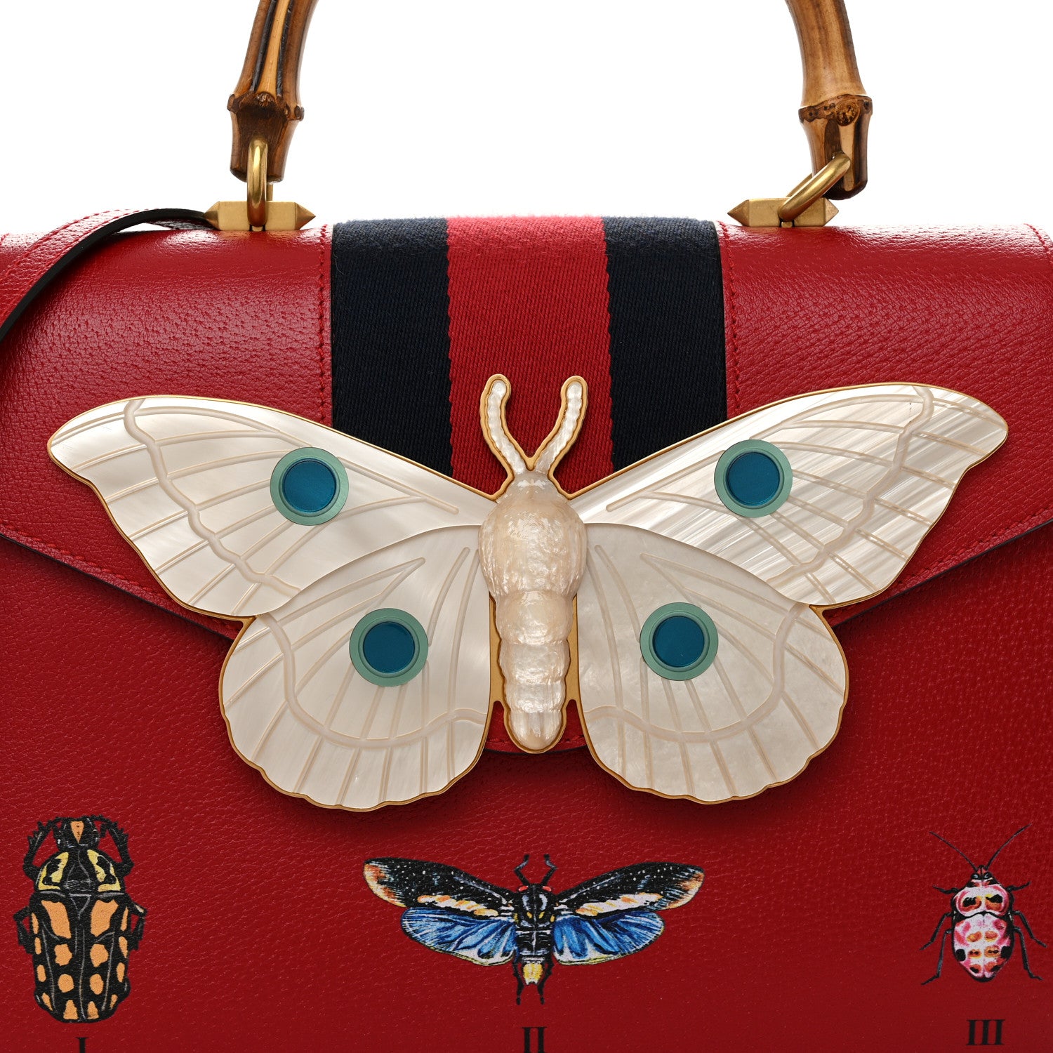 Gucci Calfskin Bamboo Web Medium Falena Moth Top Handle Bag Hibiscus Red 8 of 13