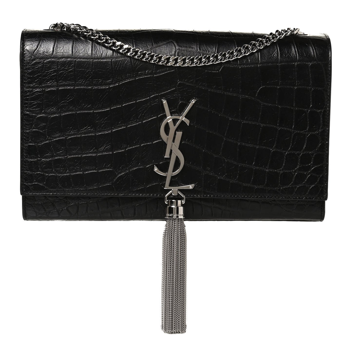 Calfskin Crocodile Embossed Medium Classic Monogram Kate Tassel Satchel Black