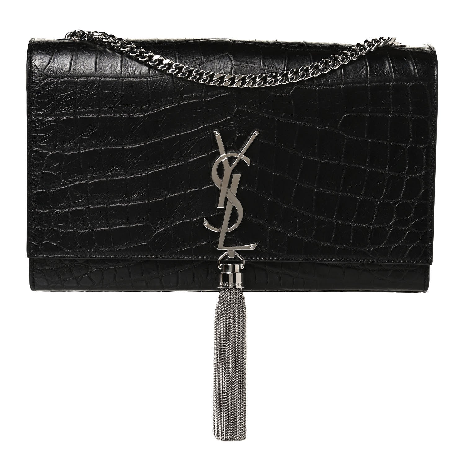Saint Laurent Calfskin Crocodile Embossed Medium Classic Monogram Kate Tassel Satchel Black 2 of 12