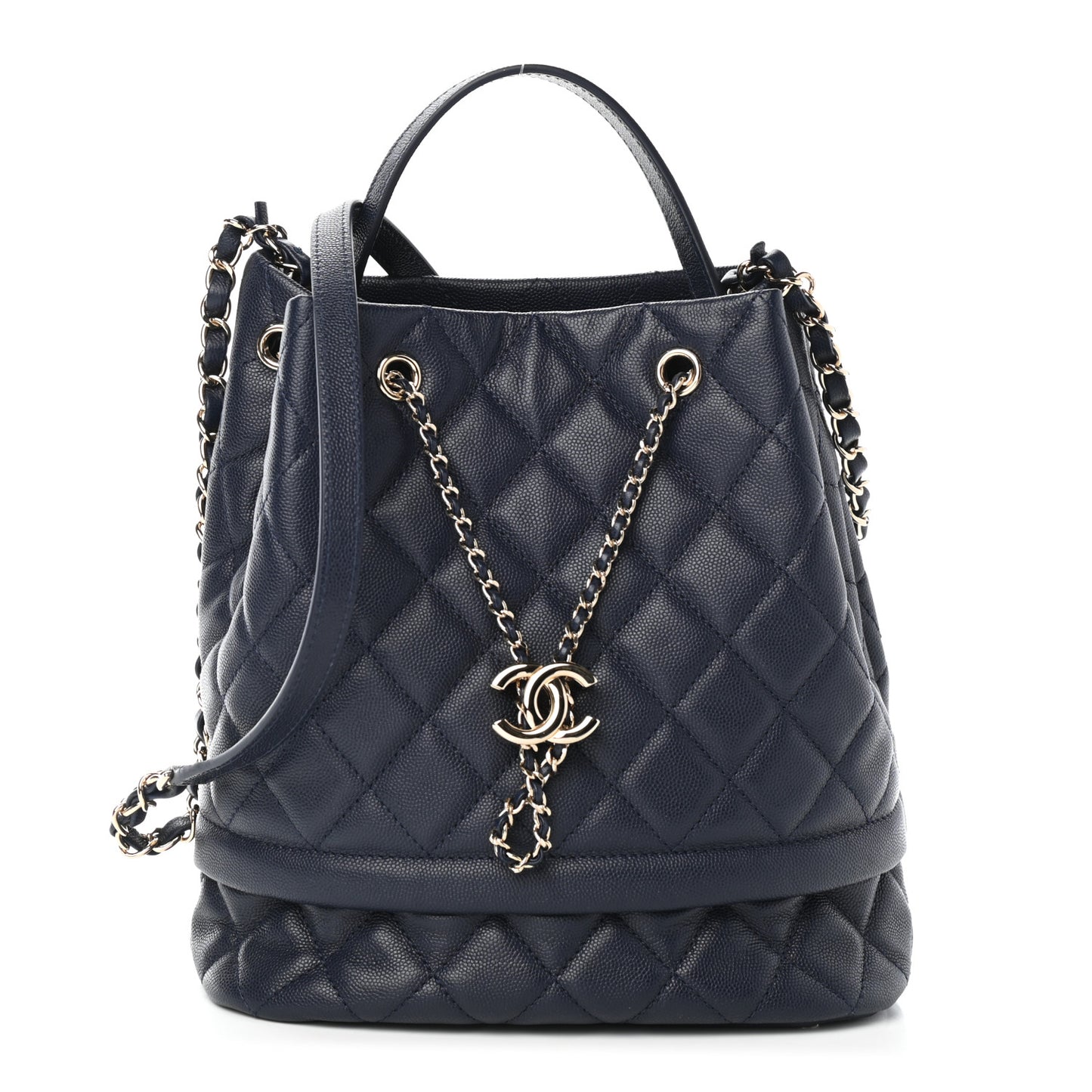 Caviar Quilted Rolled Up Bucket Drawstring Bag Navy