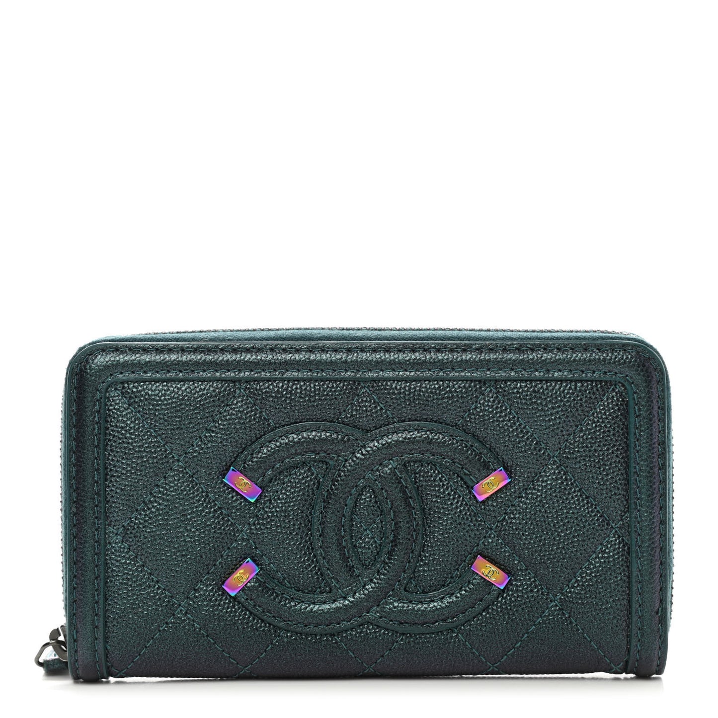 Iridescent Caviar Quilted Medium Filigree Zip Around Wallet Dark Turquoise