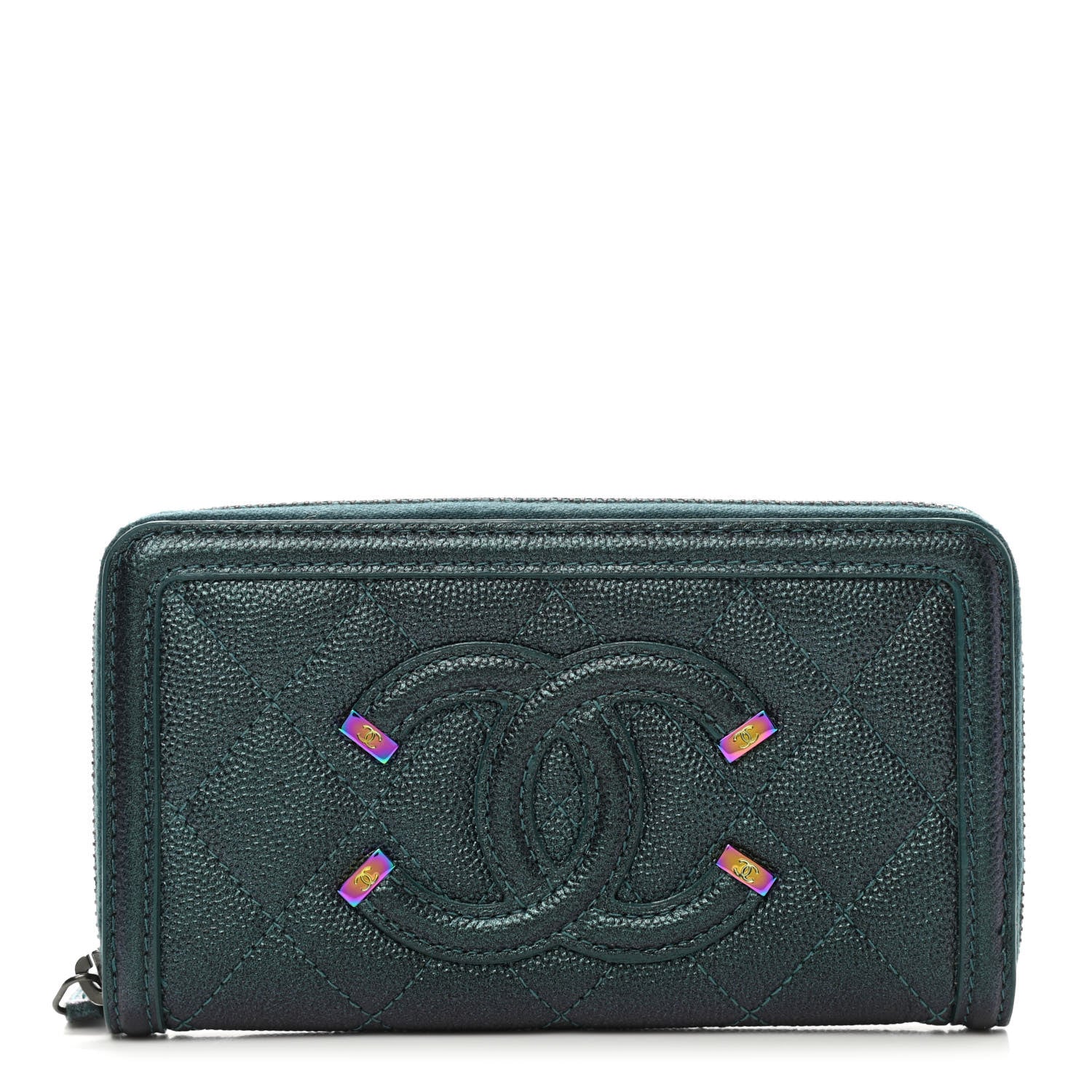 Chanel Iridescent Caviar Quilted Medium Filigree Zip Around Wallet Dark Turquoise 1 of 12