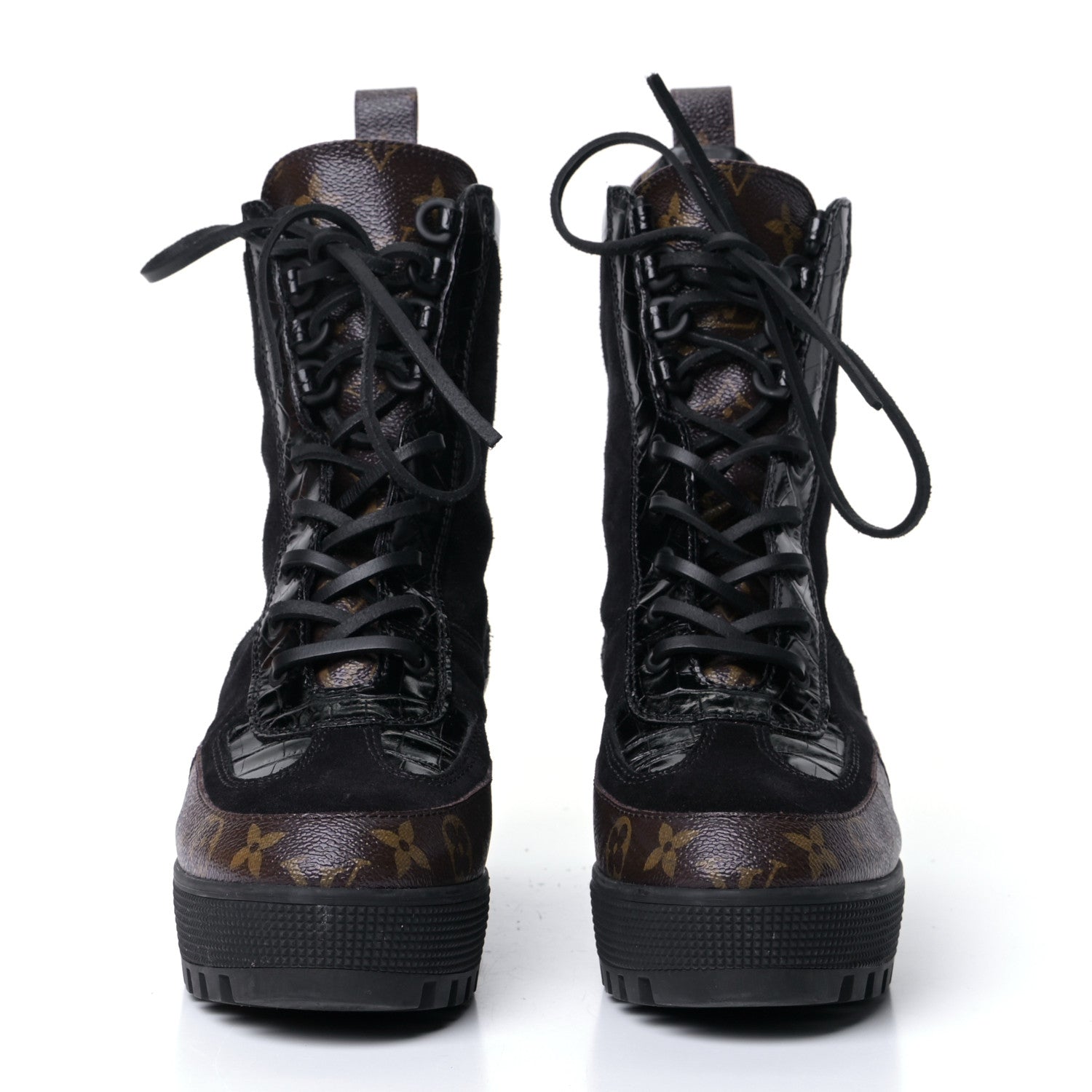 Louis Vuitton Suede Calfskin Crocodile Embossed Patent Monogram Laureate Platform Desert Boots 40 Black 9 of 18
