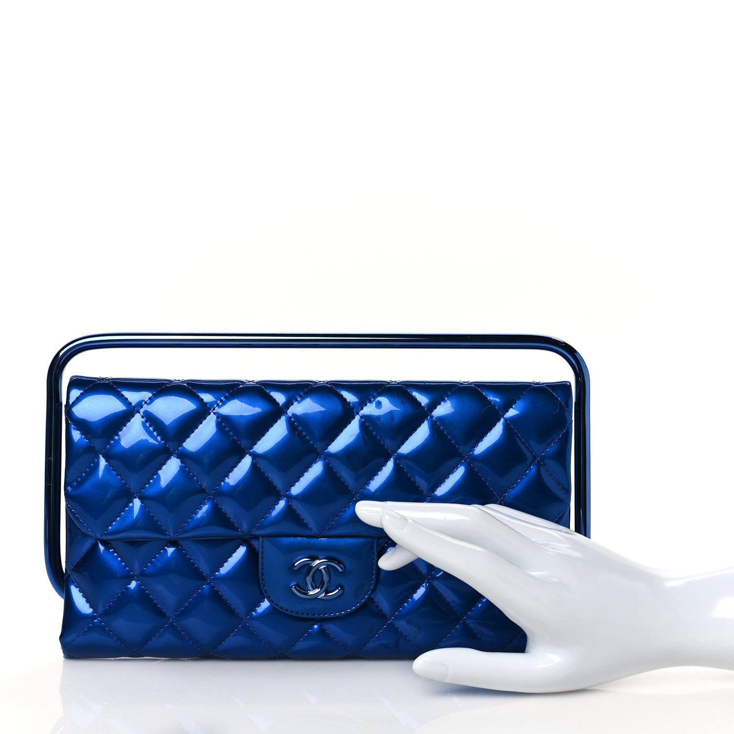 Chanel Metallic Patent Calfskin Quilted Metal Handle Clutch Blue 2 of 10